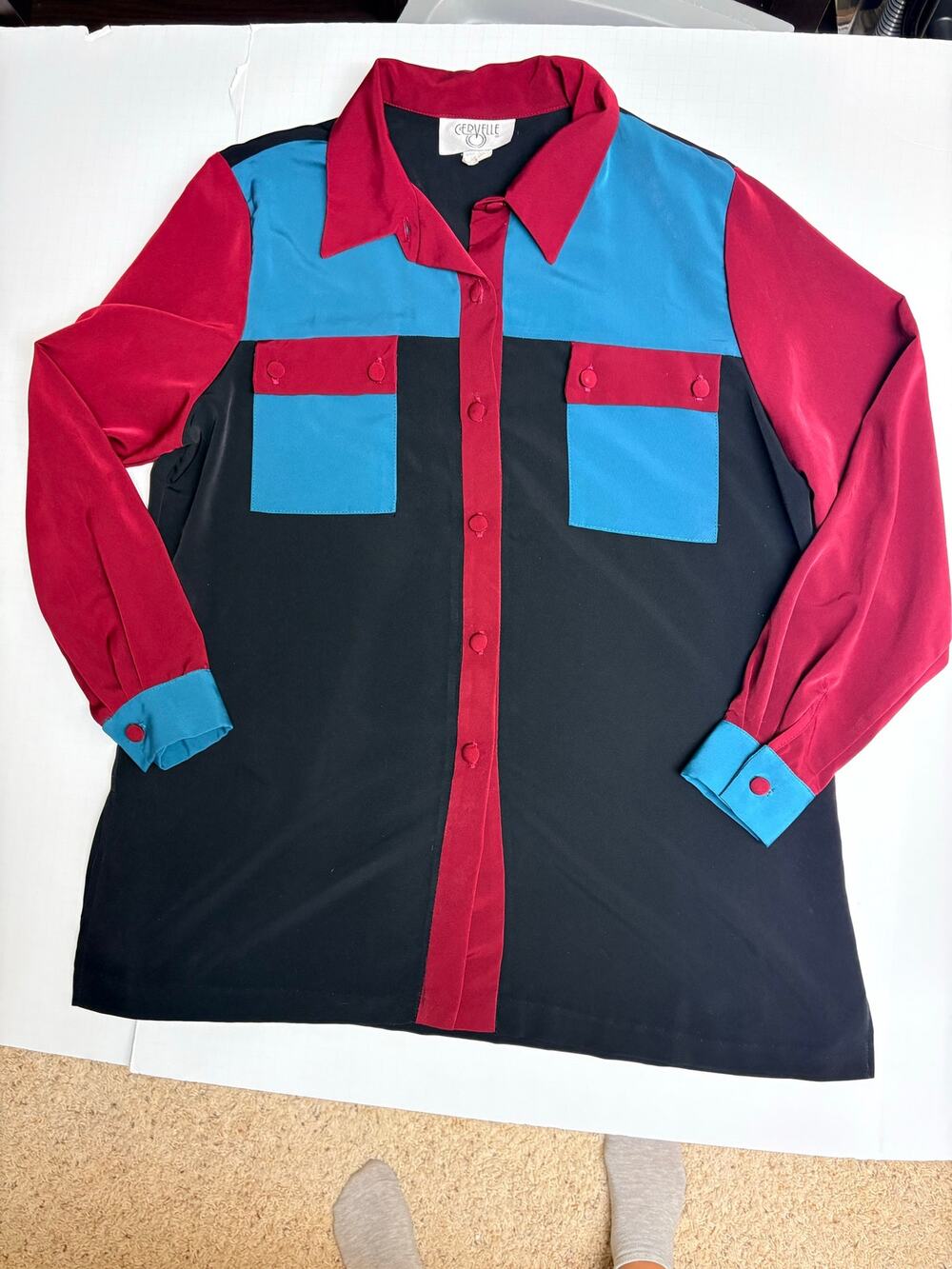 Vintage Cervelle Colorblock Blouse Made USA 80s 90s Black Teal Maroon Oversized